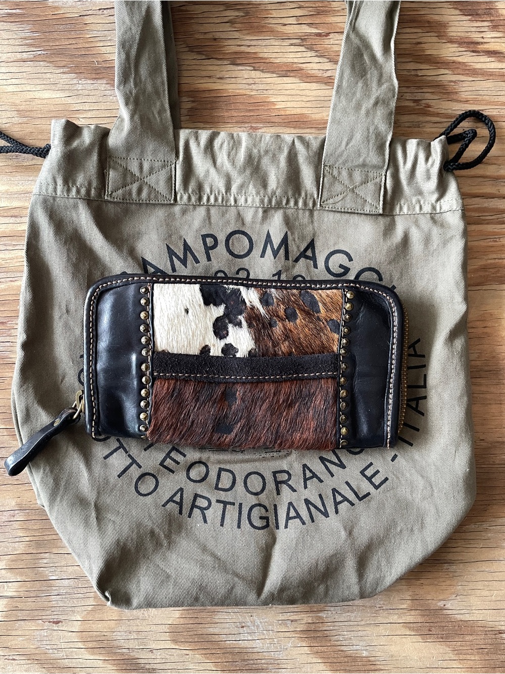 Campomaggi Brown and Black Haircalf Pony Hair Studded Zip Wallet